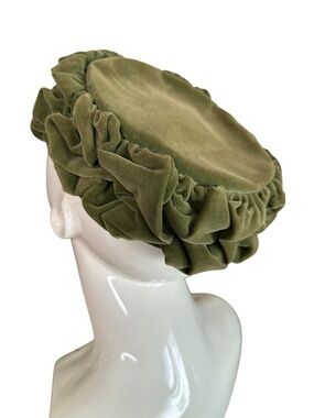 Vintage Jacobson's Olive Green Velvet Ruffled Cloche/Pillbox Hat